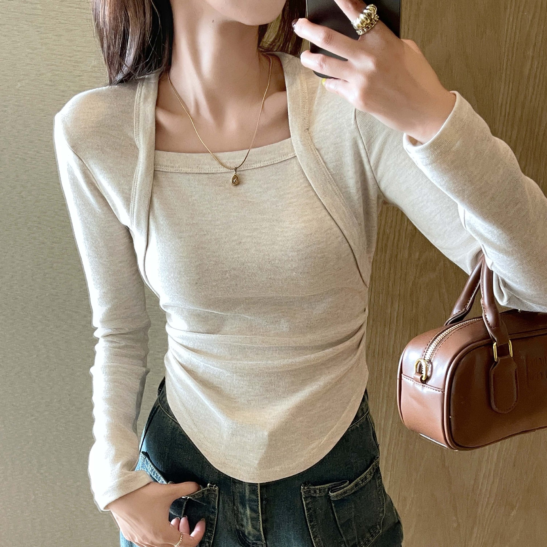H562 French-style faux two-piece long-sleeve square-neck slim-fit women's casual top, autumn thin versatile base shirt