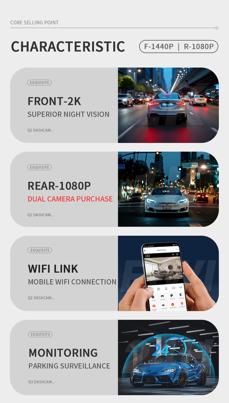2K+1K Front and Rear Dual Recording Hidden Dash Cam 1.47inch Car-Mounted Dual-Lens Wifi Recorder