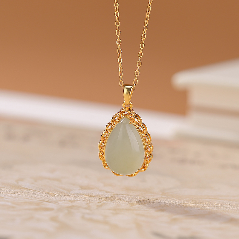 Mặt dây chuyền bạc S925 mạ vàng đính ngọc Hotan hình giọt nước phong cách thanh lịch — Kiểu 2 (không bao gồm chuỗi)