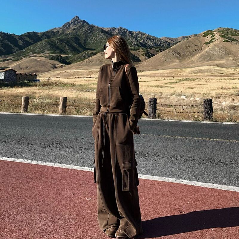 美式复古休闲运动套装女秋季高级感显瘦卫衣外套宽松阔腿裤两件套|undefined