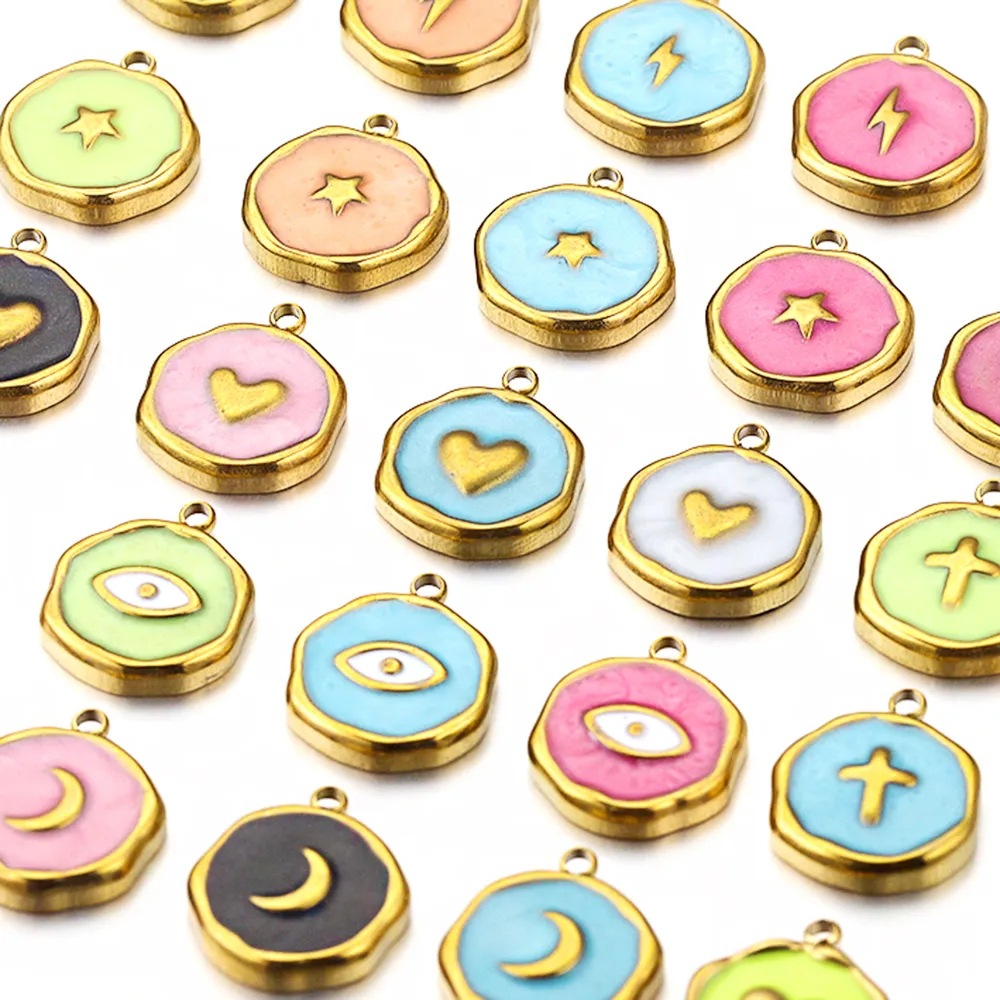 12g Weight 5 PCS/Package 304 Stainless Steel PVD Coated Real Gold Plated Round Pendant DIY Jewelry Accessories