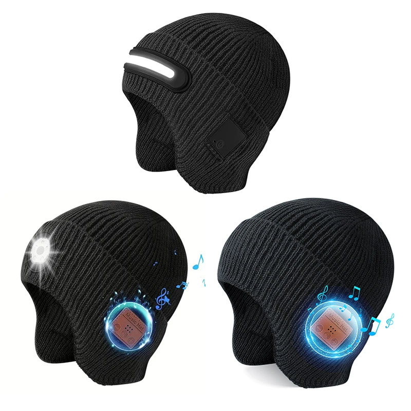 Bluetooth beanie hat with LED light and built‑in headphones, warm knit, lightweight