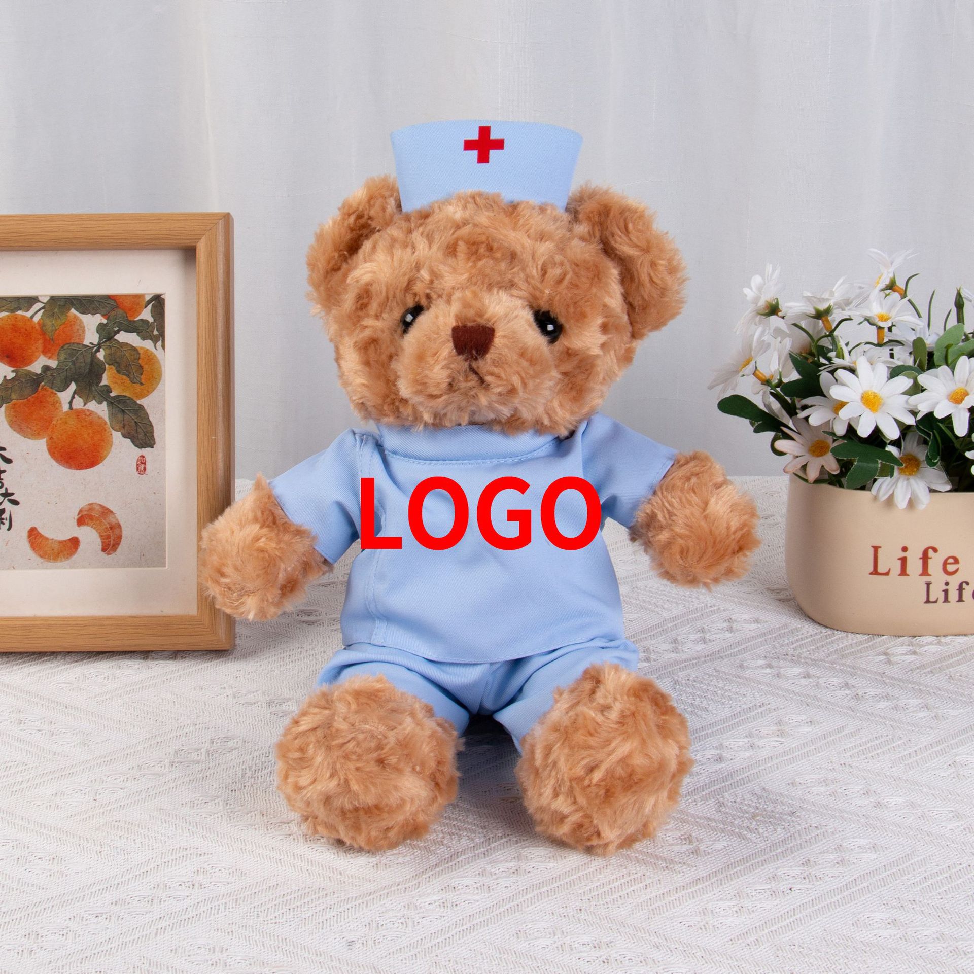 Graduado médico oso muñeca chaqueta blanca uniformes de enfermería muñeca oso regalos de actividad logotipo imprimible juguetes de peluche