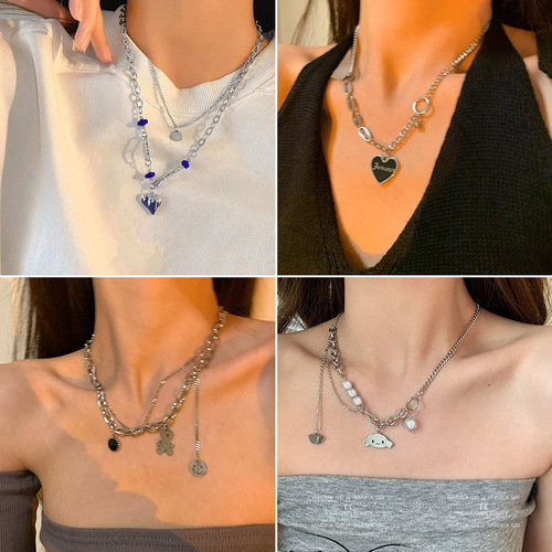 European and American style fashion double-layer heart necklace female splicing cold style female hip hop long sweater sweater chain ins trend 