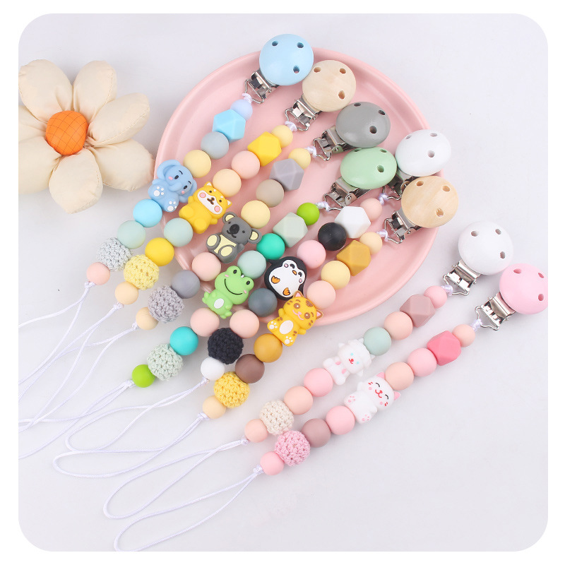 Productos para bebés y niños clip de tetina de madera 3D dibujos animados animales perlas de silicona DIY calmar bebés tetina cadena anti-caída cadena