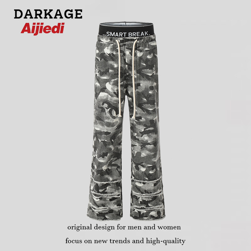 Stacked Straight-Leg Floor-Length Casual Pants Camouflage American Dirty Dye Distressed Jeans Hip-Hop Versatile for Men and Women