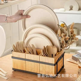 木制复古三格餐具收纳盒家用厨房刀叉勺储物盒筷子整理盒