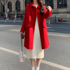 双面呢子大衣女中长款2025秋冬新款韩版小个子双排扣红色毛呢外套