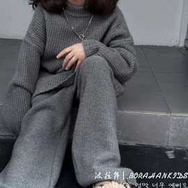 波拉韩童装女童羊毛衫套装2023秋冬儿童圆领毛衣直筒裤两件套男童