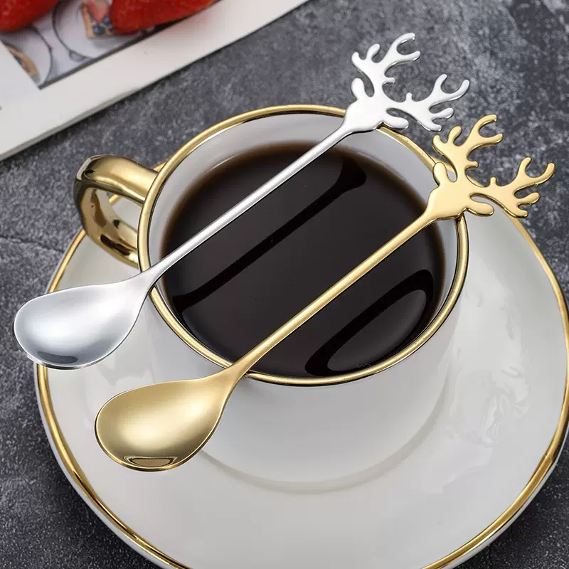 不锈钢勺子圣诞麋鹿勺卡通搅拌咖啡甜品勺金色创意小鹿勺礼品餐具