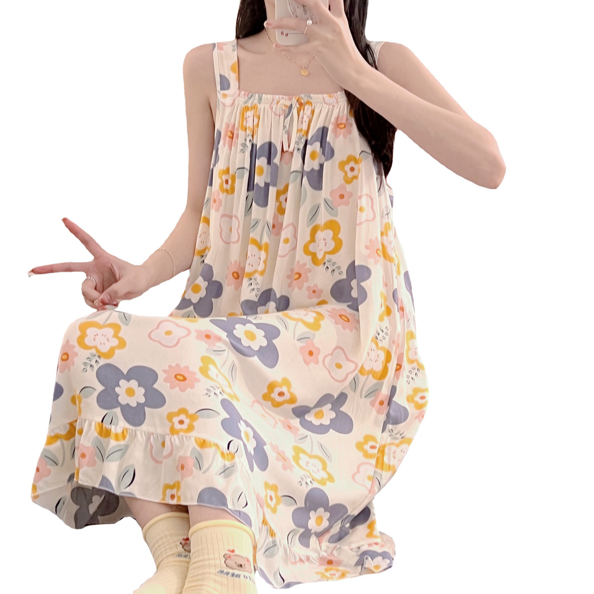 Camisón de seda de algodón de verano para mujer Pijamas dulces lindos puro deseo ins estilo delgado sexy vestido de Honda de seda de algodón artificial