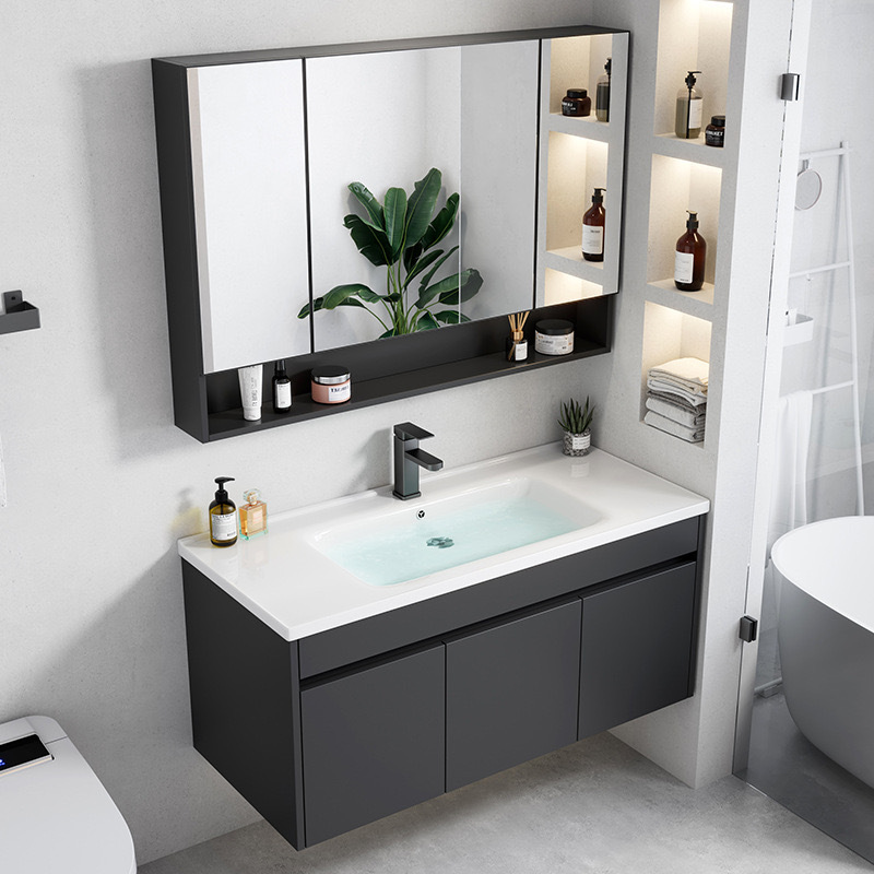 Negro engrosada espacio de aluminio baño gabinete combinación Hotel Rock placa integrada lavabo baño lavabo