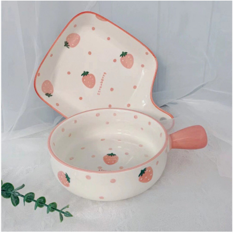 Ceramic Two-Piece Set (Handle Bowl + Handle Plate) High-Temperature Resistant Underglaze Pink Strawberry Set Ceramic Two-Piece Set (Handle Bowl + Handle Plate) High-Temperature Resistant Underglaze Pink Strawberry Set