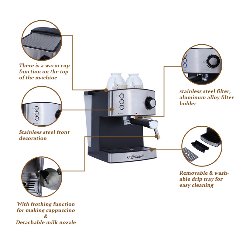 Coffelady 15bar semiautomático máquina de café espresso tipo bombeo burbuja de leche máquina de café Cappuccino