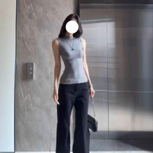 美式辣妹灰色半高领无袖背心T恤女夏弹力紧身显瘦别致打底衫上衣