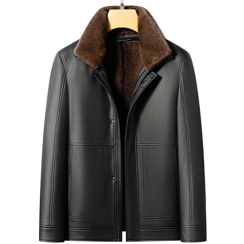 Middle-aged and elderly men's fleece-lined, thickened leather jacket with detachable fur collar, suitable for winter warmth and versatile style.