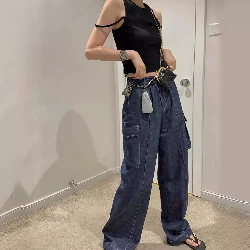 【13】Американская рабочая одежда в стиле Белла, женские джинсы, летний дизайн с высокой талией, широкие брюки, эластичная талия, брюки в пол.