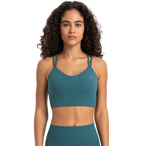 Spring and summer new style naked spaghetti straps hollow beautiful back yoga bra push-up shockproof running fitness sports bra for women