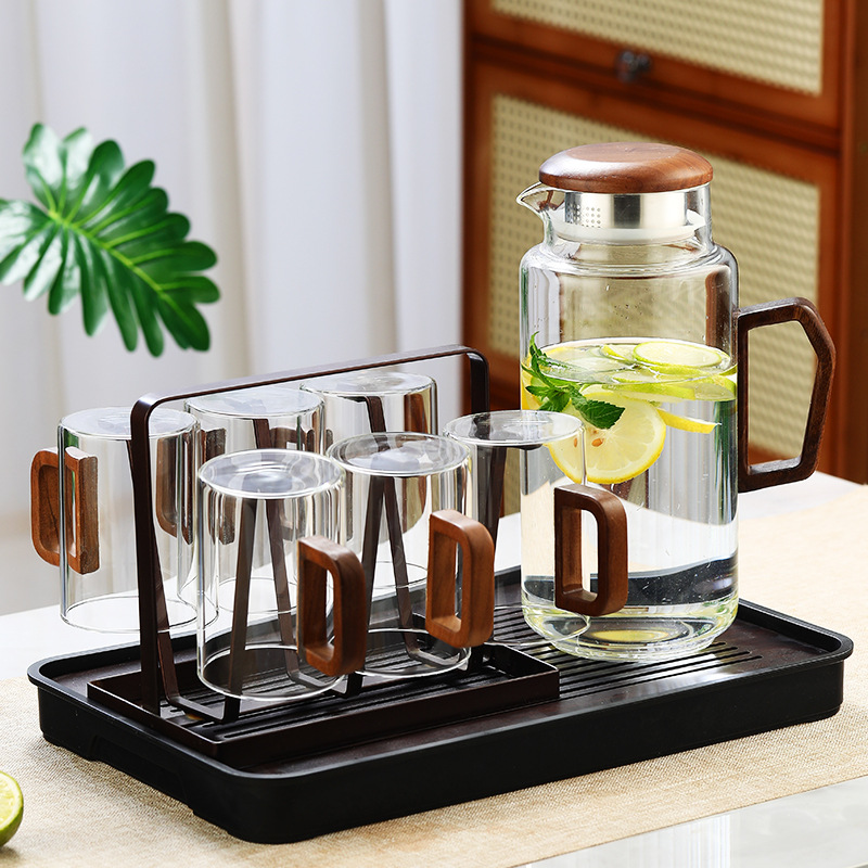 Botella de agua fría de vidrio, taza de agua, olla fría de madera de vidrio para el hogar, olla de té retro resistente al calor, taza de té, juego de agua image 19