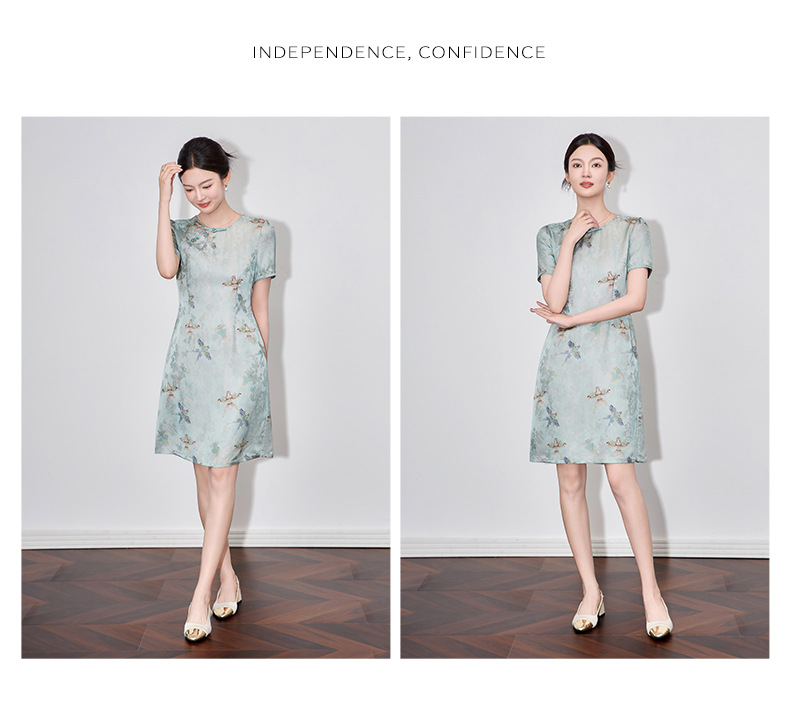 Váy sườn xám cách tân jacquard phong cách Trung Quốc chất liệu sợi mây thơm, dáng suông thắt eo, tay ngắn mùa hè — Màu xanh lam chi tiết 8