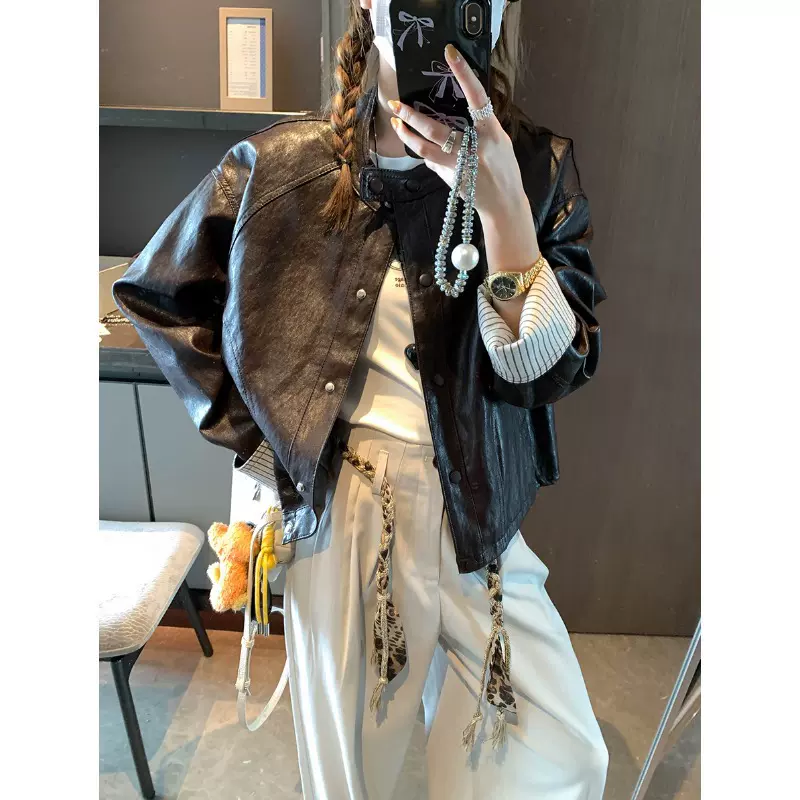 摩且 英伦艺术生 机车风立领条纹拼接袖口夹克皮衣外套短 MQ0849