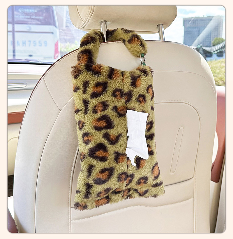 Cross-Border Leopard Print Car Tissue Box Cute Car Interior Decoration Tissue Hanging Bag Plush Hanging Car Seat Tissue Box