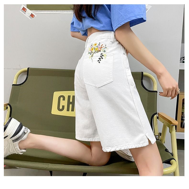 White Embroidered Split Denim Shorts Women's Summer Thin High Waist Design Sense Slimming Loose Straight Pants