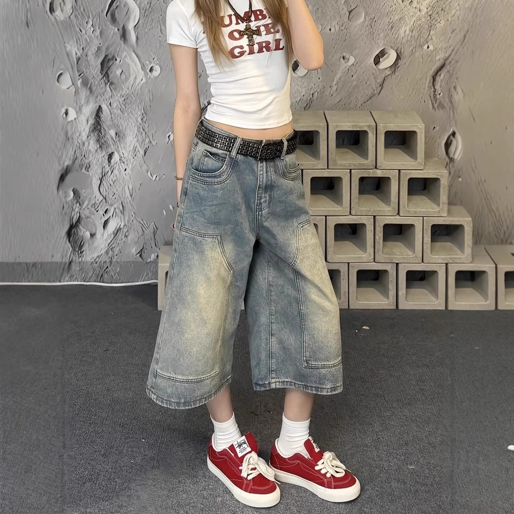 美式水洗做旧牛仔七分短裤女夏季新款高街宽松阔腿显瘦直筒中裤子