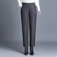 一件代发2025妈妈羊羔绒条纹格子中老年女裤加绒加厚直筒裤高腰裤