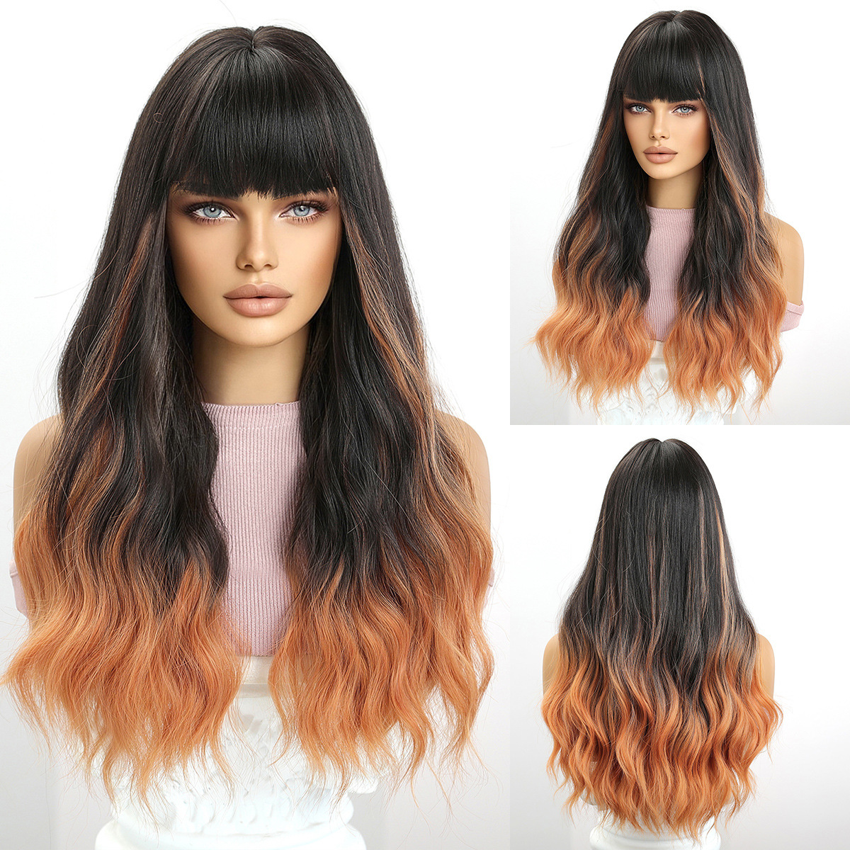 Peluca europea y americana, pelo largo femenino, grandes olas, flequillo de aire, gradiente azul, cubierta completa, seda mate de alta temperatura, wigs