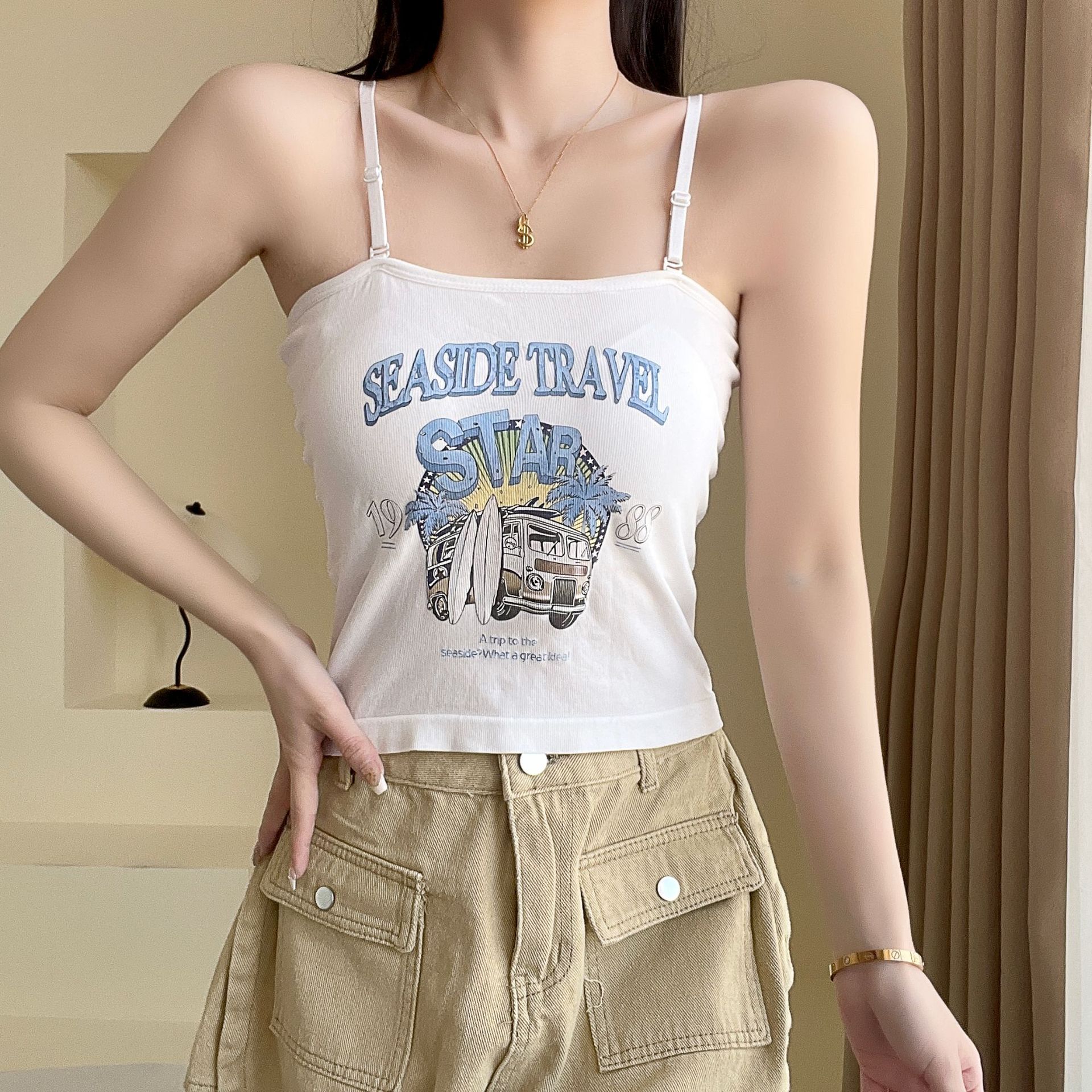 Estilo coreano belleza espalda camisola tubo superior de las mujeres taza fija chica caliente desgaste interior y exterior correa de hombro ajustable camisola