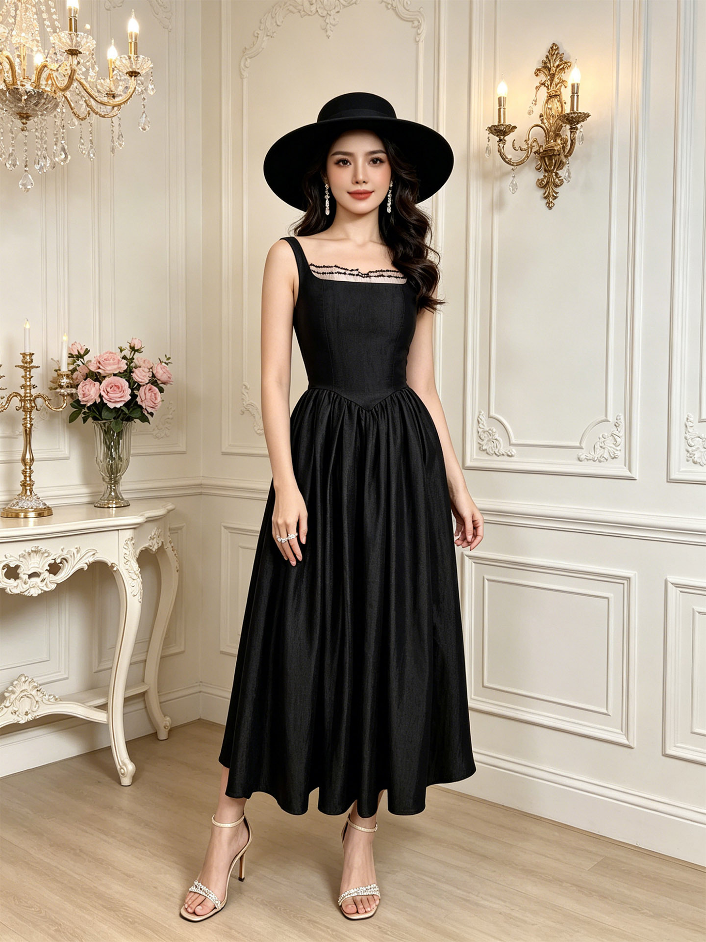 Đầm maxi nữ thắt eo cổ vuông dây mảnh phong cách Hepburn — đen chi tiết 1