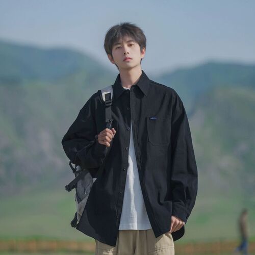 Japanese-style black workwear long-sleeved shirt jacket for men, spring and autumn version, retro versatile loose-fitting shirt