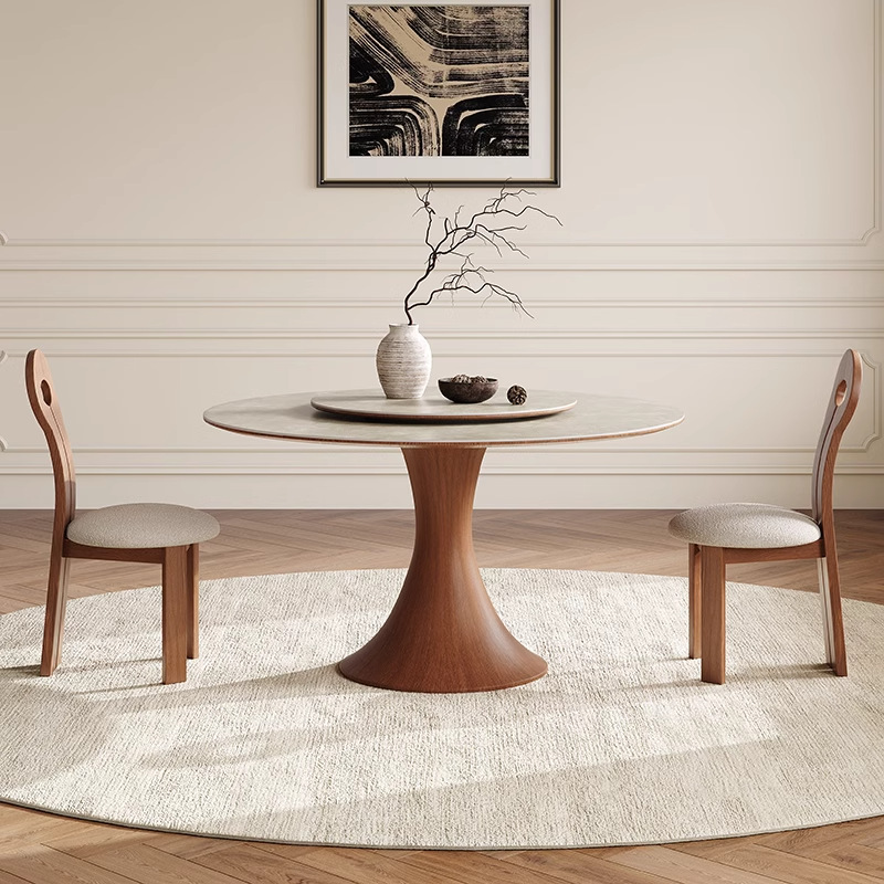 Mesa de comedor de madera sólida nórdica estilo medieval francés, mesa de comedor redonda doméstica, combinación de mesa y silla de color nuez