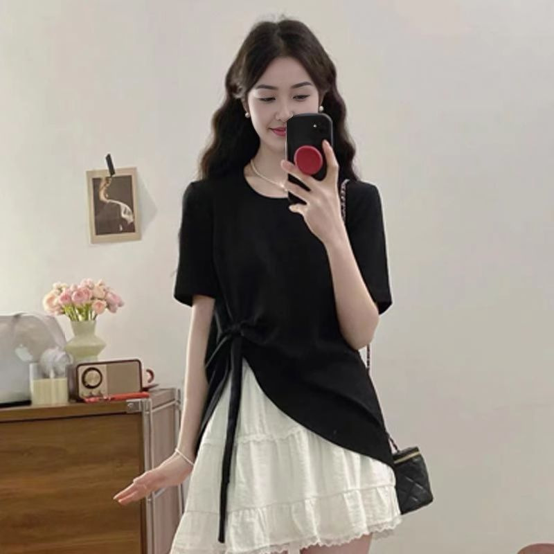 plus size chubby girl French Style All-match Irregular Short-sleeved T-shirt Women's Summer New Korean Style Casual Shoulder T-shirt Top plus size chubby girl French Style All-match Irregular Short-sleeved T-shirt Women's Summer New Korean Style Casual Shoulder T-shirt Top