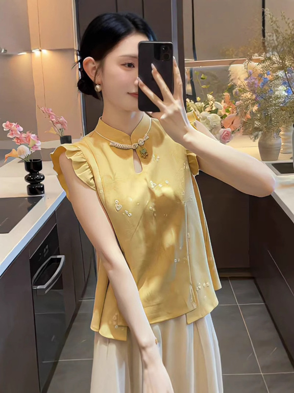 新しい中国風のスタンドカラーノースリーブベストシャツ女性のための 2025 夏の新しいデザイン裾レース袖口トップ|undefined