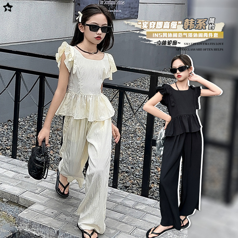 Girls' Summer suit 2024 New Style Children's Flying Sleeve Top Girls' Summer Wide Leg Pants Two-Piece Set