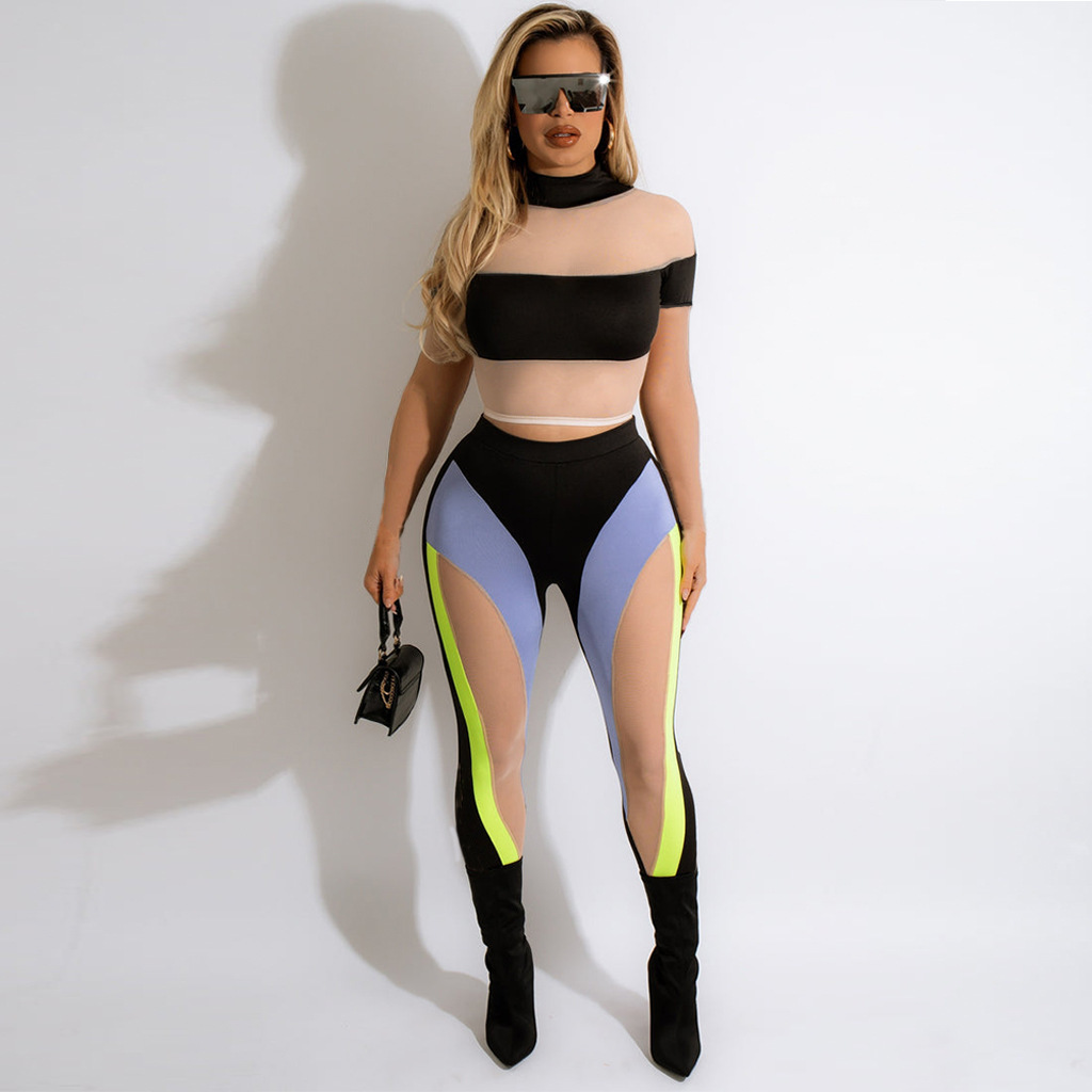 stand collar contrast color mesh stitching see-through two-piece set NSNJD125813