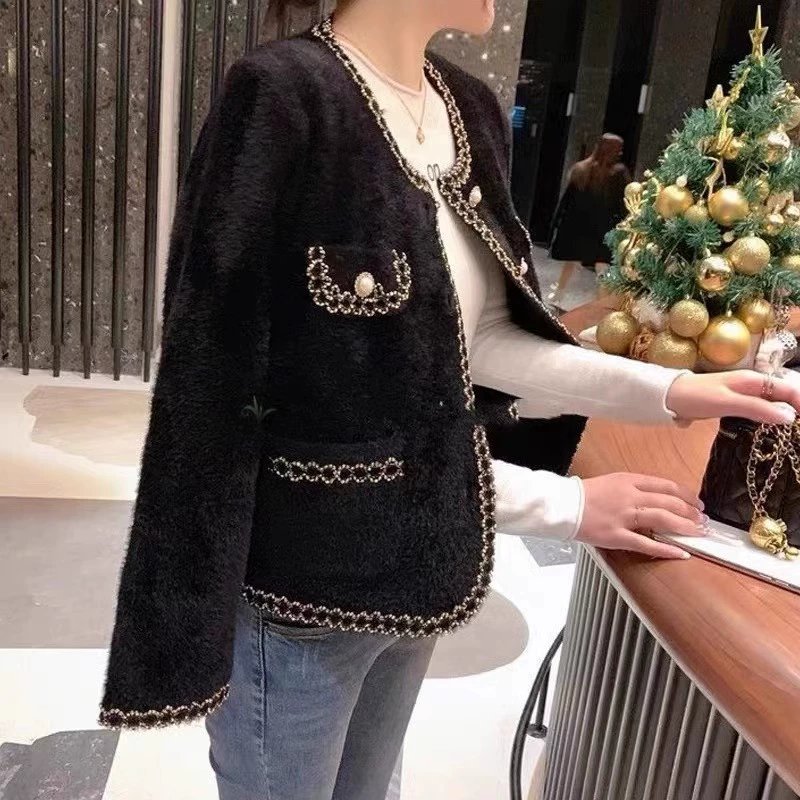 Весенне-осенний жакет-кардиган из шерсти, стиль Chanel и корейский, 2024, белый/черный, размеры S-3XL