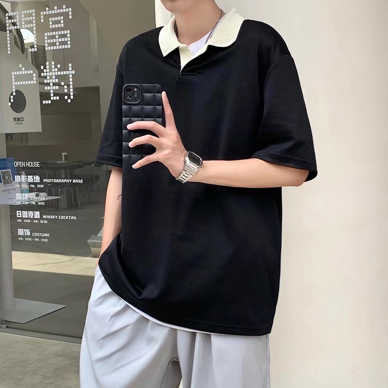 Los polos de manga corta de moda de verano de la marca de moda ins, estilo de Hong Kong masculino, celebridad de Internet suelta japonesa, hermosa camiseta de media manga con cuello giratorio
