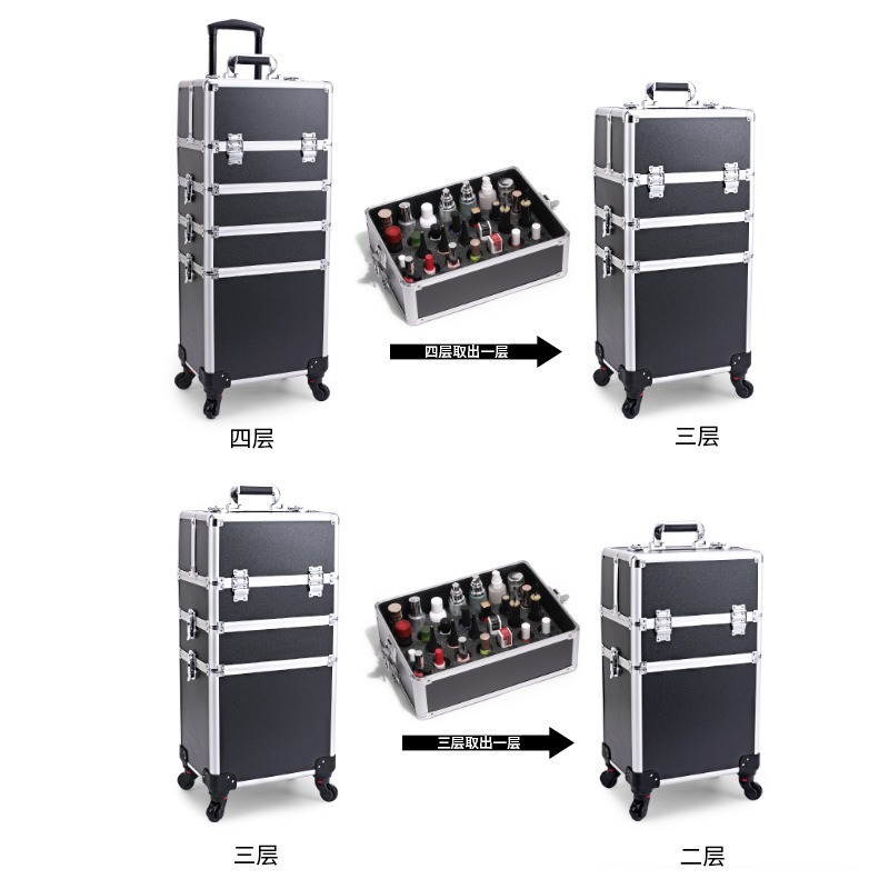 Manicura profesional de trolley, manicura y maquillaje, caja de almacenamiento de gran capacidad, caja de herramientas de bordado de aleación de aluminio conveniente de varias capas