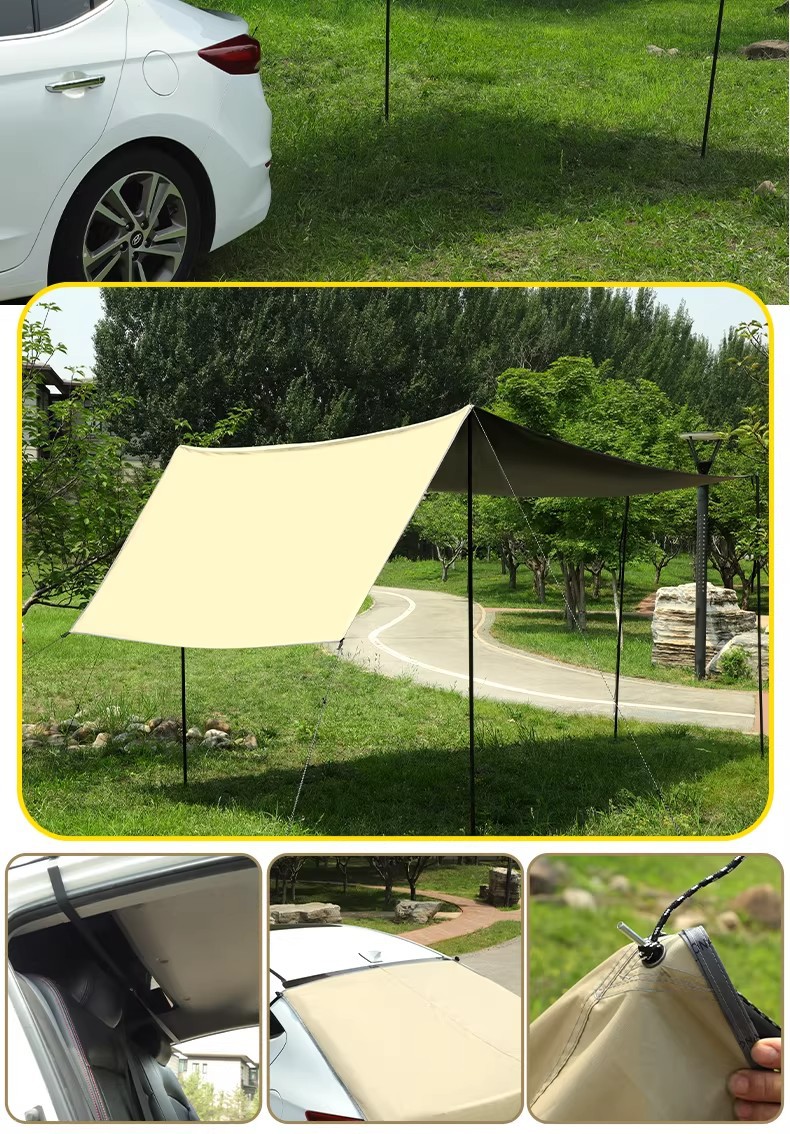 Vinyl Car Side and Rear Canopy Tent with Poles for Outdoor Camping, Sunshade Car Roof, Semi-Shade Canopy Side Tent for Sedan