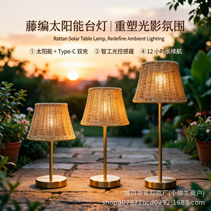 Outdoor Solar Table Lamp, Rattan Lamp, Courtyard Villa Decoration, Atmosphere Decoration Lamp, Room Bedside Night Light, Waterproof