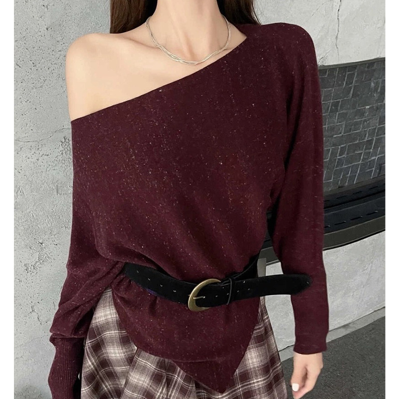 十三行斜露肩上衣女2025秋季新款韩版时尚辣妹百搭针织衫女没腰带|undefined
