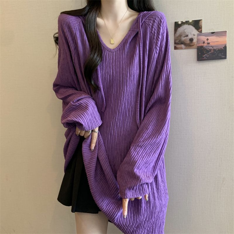 Plus Size Textured Mid-Length Hooded Long-Sleeved T-Shirt for Women 2025 Early Autumn New Loose Slimming Look Fashion Top for Women