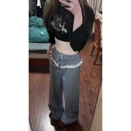 时尚拼接款百搭高腰撞色可爱减龄直筒长裤秋冬新款清新甜美长款裤