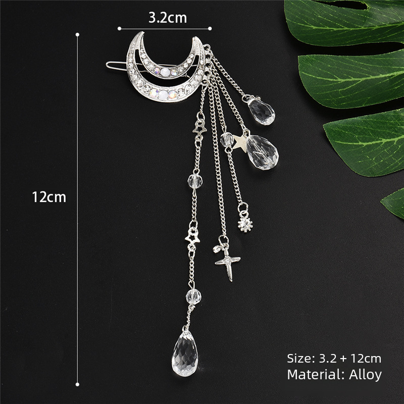 Grampo de cabelo feminino retrô unissex com franjas em forma de estrela crescente e diamante, cristal, lua, estrela, menina, grampo de cabelo lateral_voghion.com
