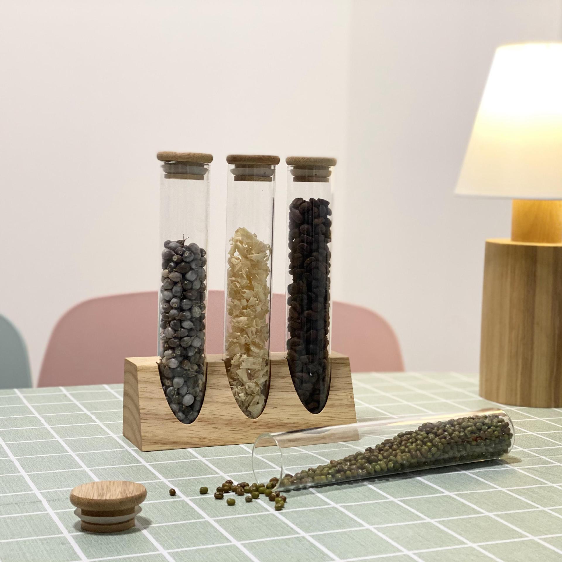 Tubo de ensayo de vidrio de borosilicato estante de exhibición de madera maciza muestra té granos de café cocina clasificación de almacenamiento tanque de almacenamiento