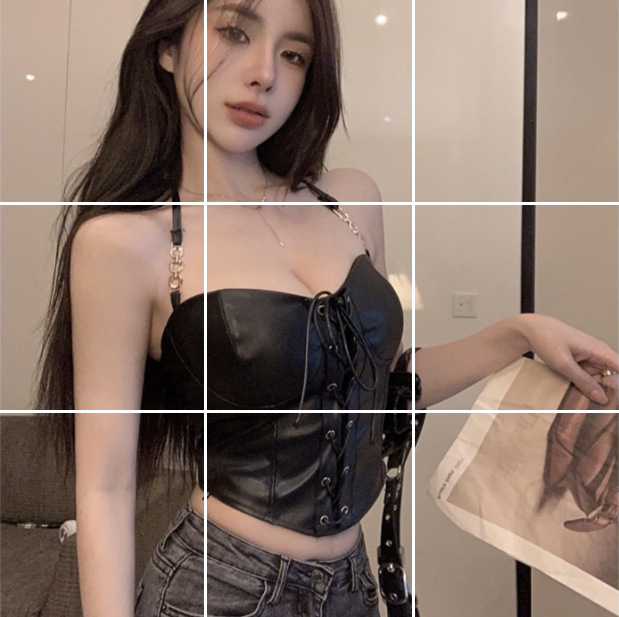 Hot Girl Strap Umbilical Puff Leather Sling Women's Summer Neck Slim-Fit Vest Short Top 5027 Leather Leather Vest