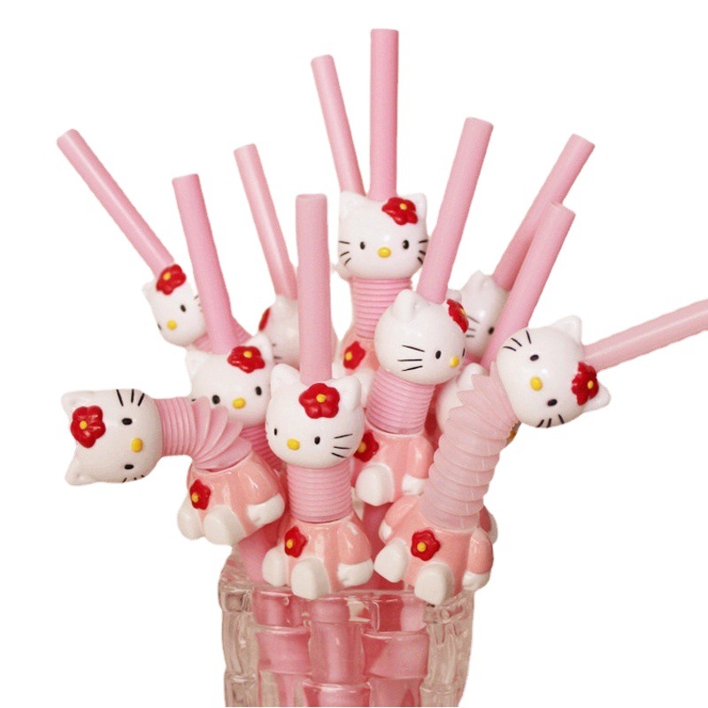 Super lindo en forma de dibujos animados retráctil curvada paja Rosa KT bebiendo paja